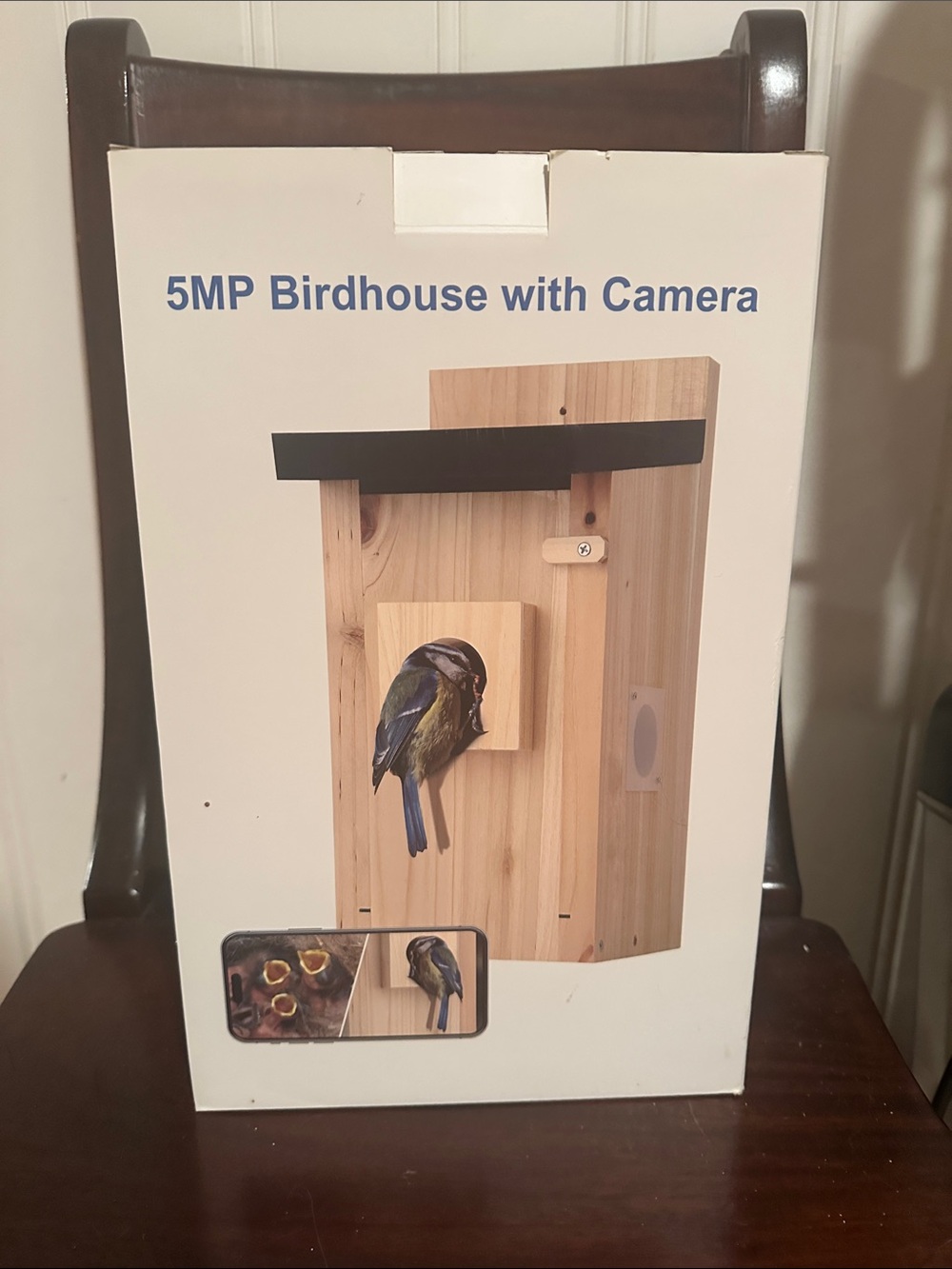 5MP Birdhouse with Camera - Natural Wood and Black Roof